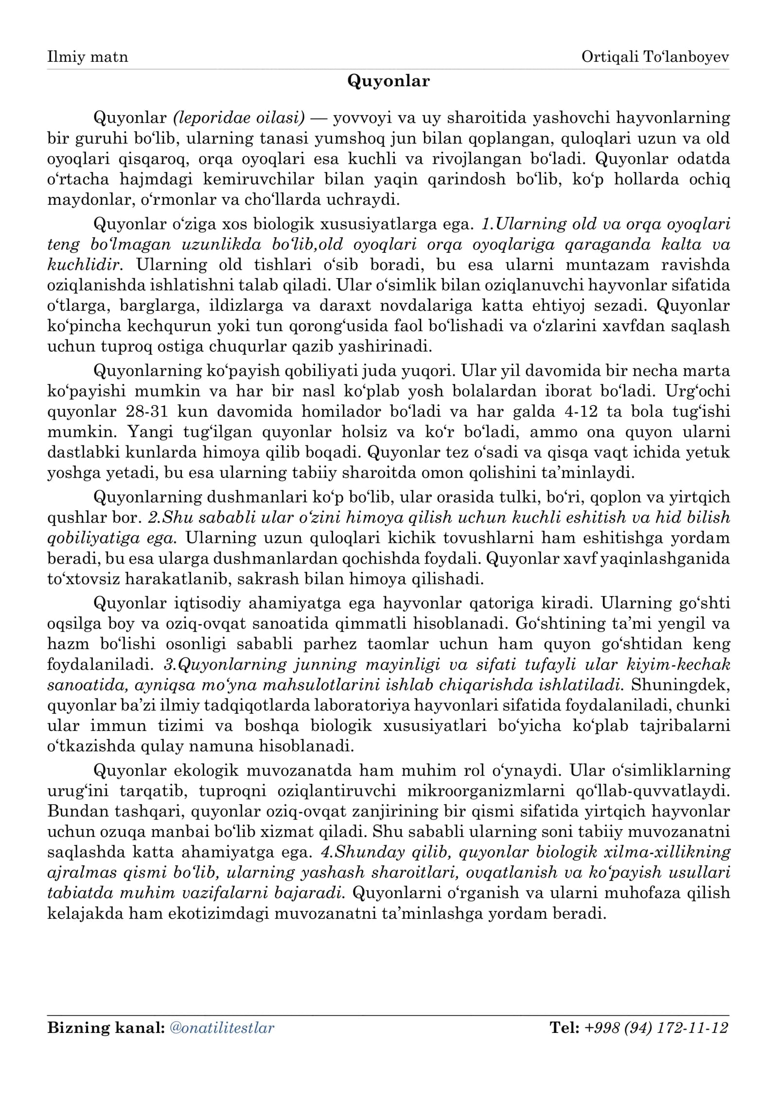 Ilmiy matn Ortiqali To‘lanboyev