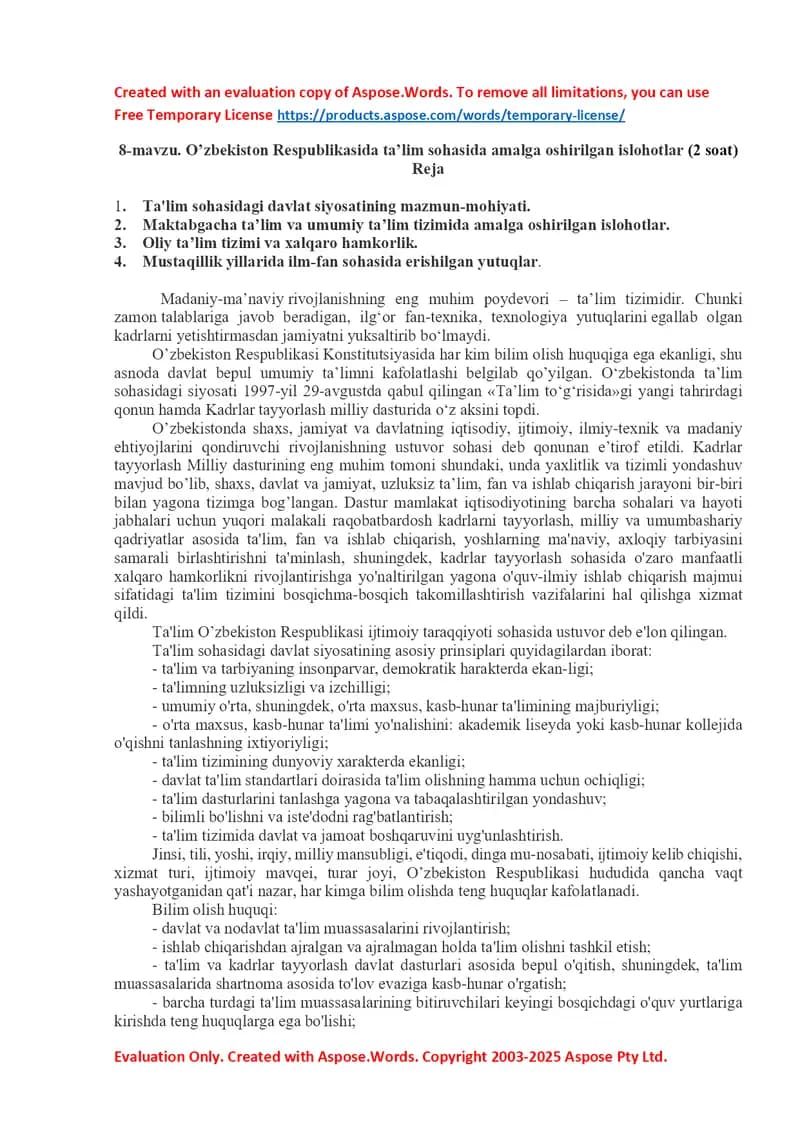 O’zbekiston Respublikasida ta’lim sohasida amalga oshirilgan islohotlar