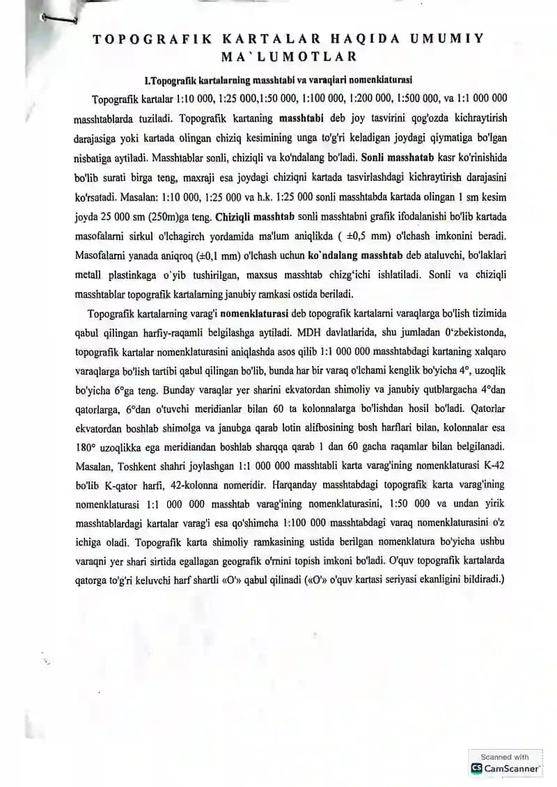 TOPOGRAFIK KARTALAR HAQIDA UMUMIY MA'LUMOTLAR