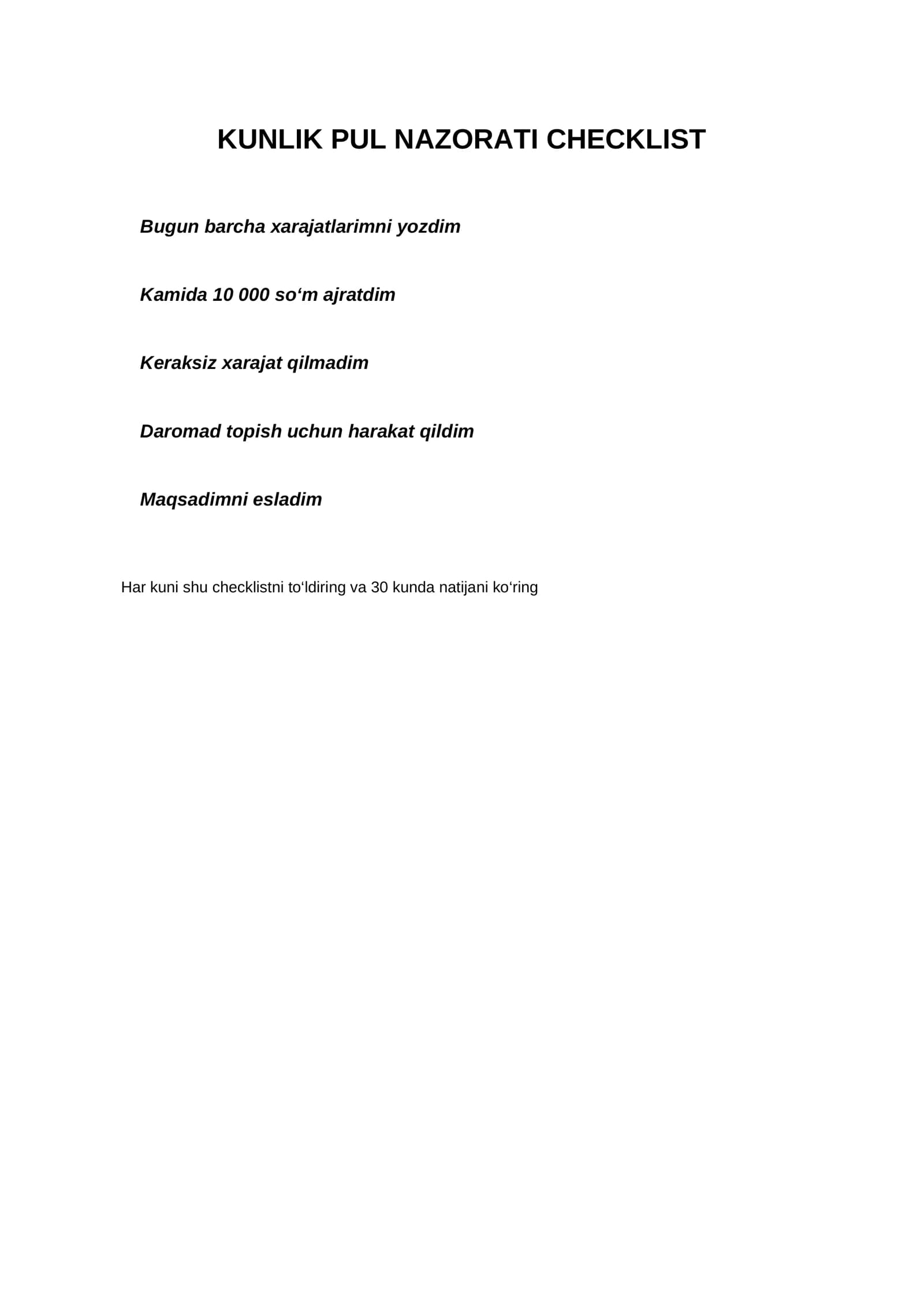 KUNLIK PUL NAZORATI CHECKLIST