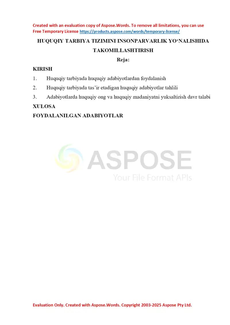 HUQUQIY TARBIYA TIZIMINI INSONPARVARLIK YOʻNALISHIDA TAKOMILLASHTIRISH