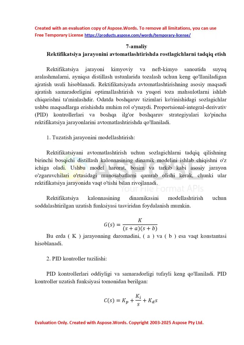 Rektifikatsiya jarayonini avtomatlashtirishda PID-rostlagichlarni tadqiq etish