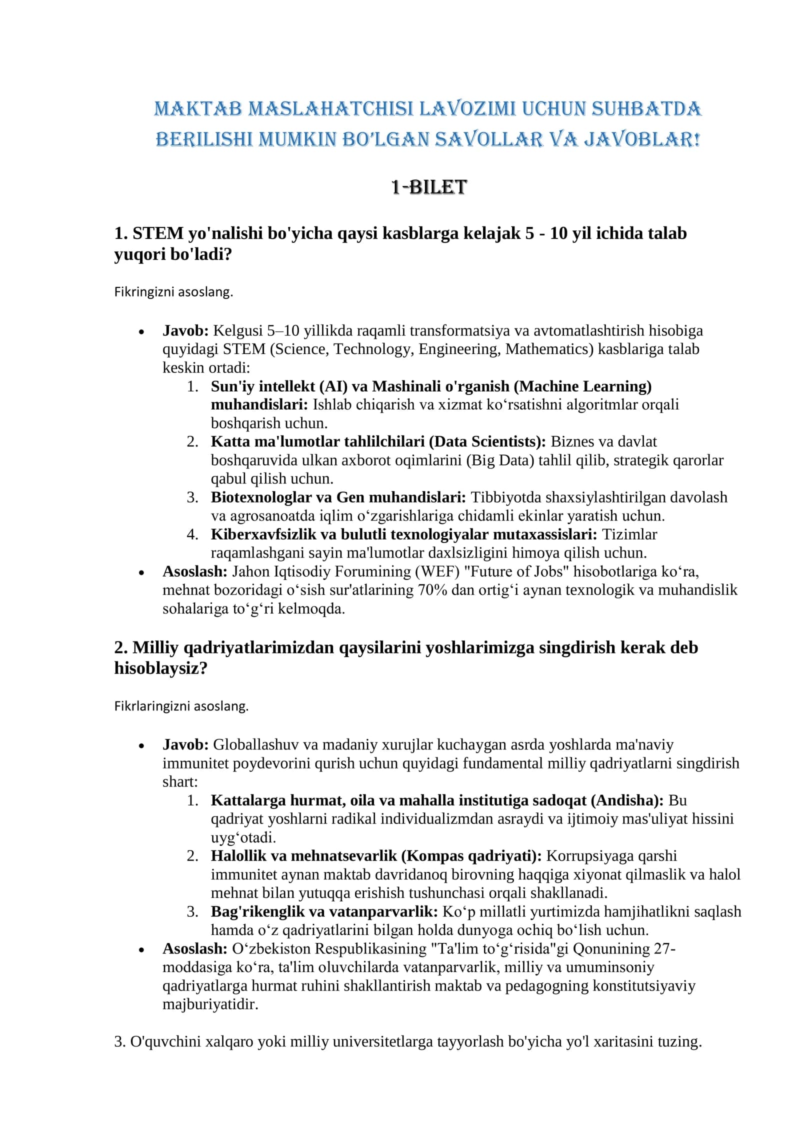 Maktab maslahatchisi lavozimi uchun suhbat savollari