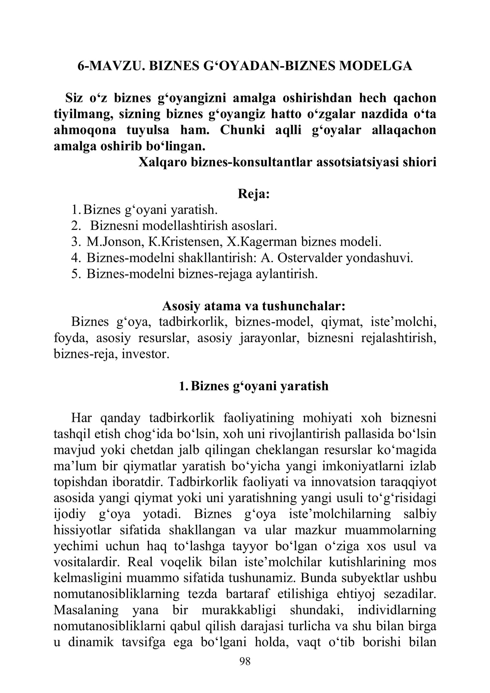 BIZNES G‘OYADAN-BIZNES MODELGA