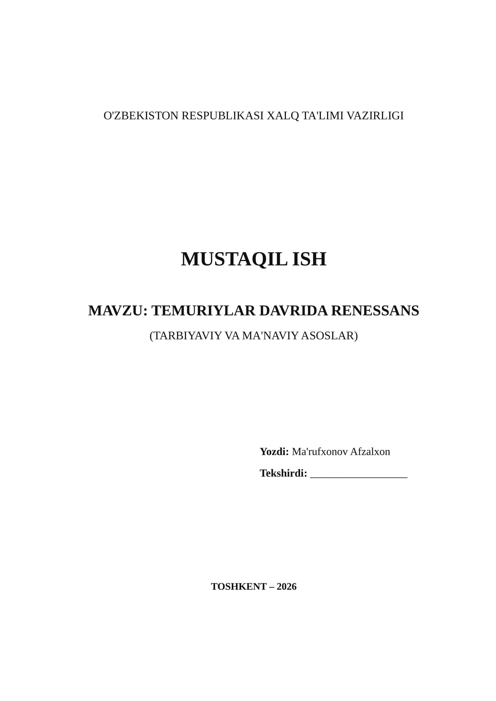 TEMURIYLAR DAVRIDA RENESSANS (TARBIYAVIY VA MA'NAVIY ASOSLAR)