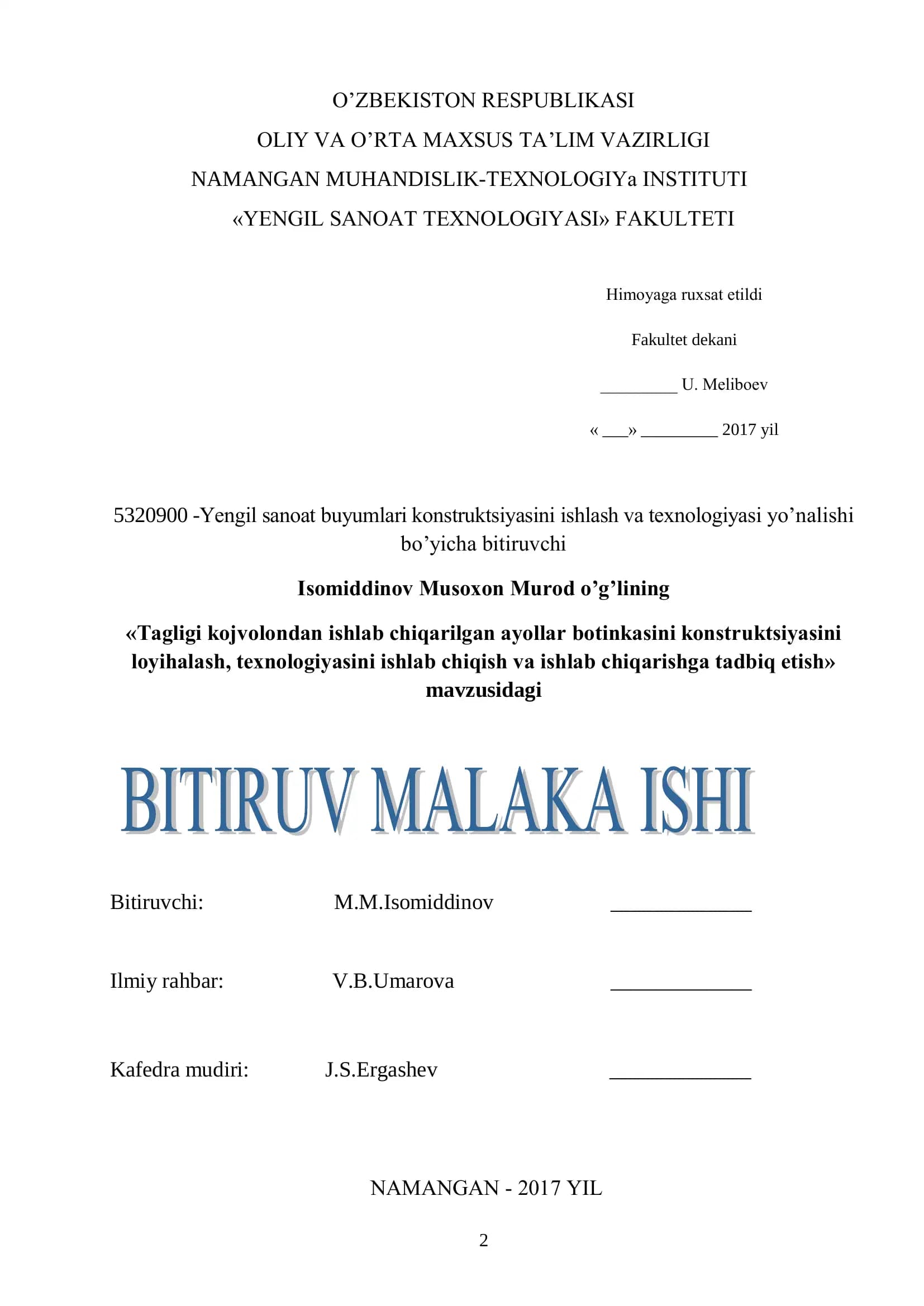 Tagligi kojvolondan ishlab chiqarilgan ayollar botinkasini konstruktsiyasini loyihalash, texnologiyasini ishlab chiqish va ishlab chiqarishga tadbiq etish