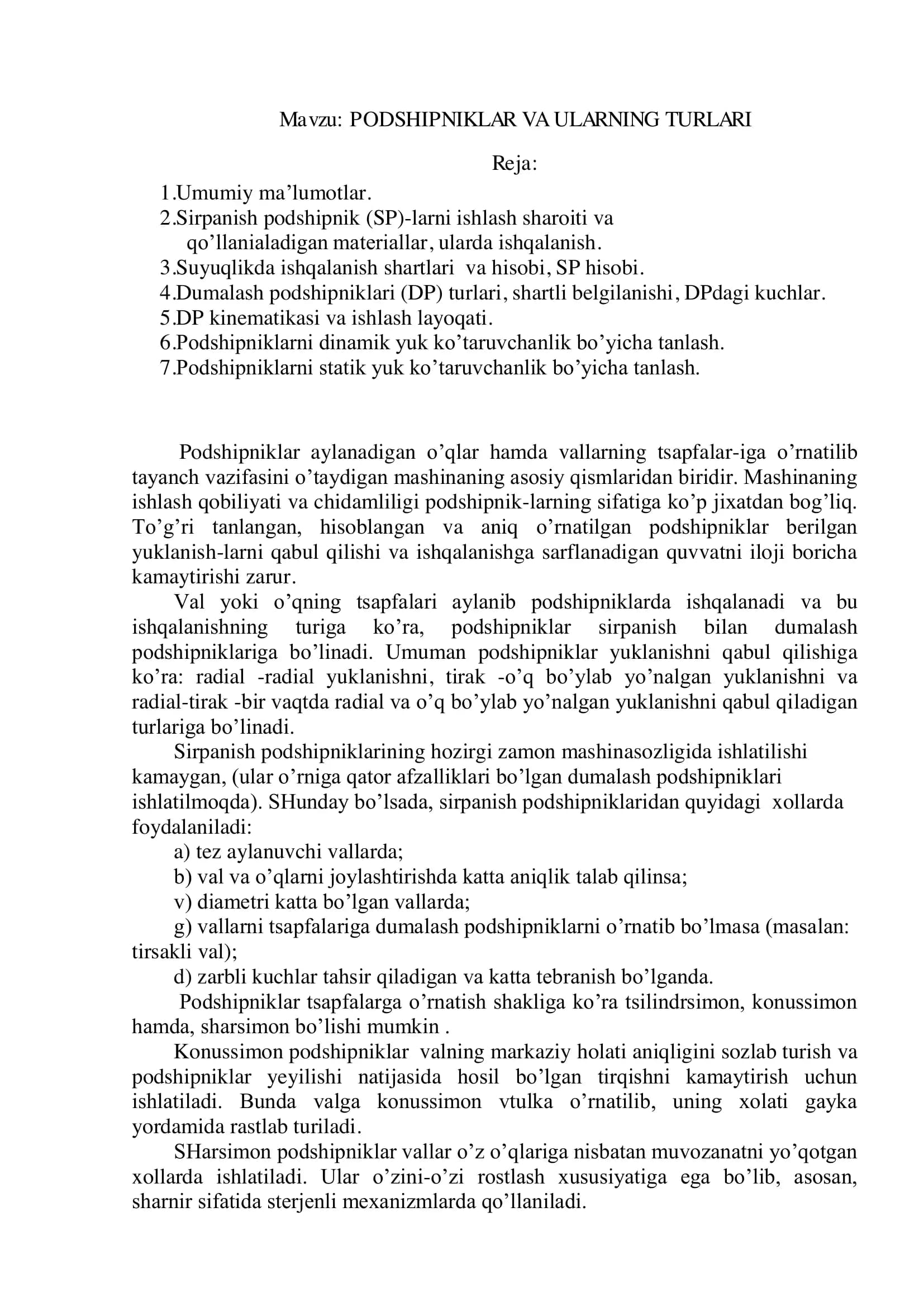PODSHIPNIKLAR VA ULARNING TURLARI