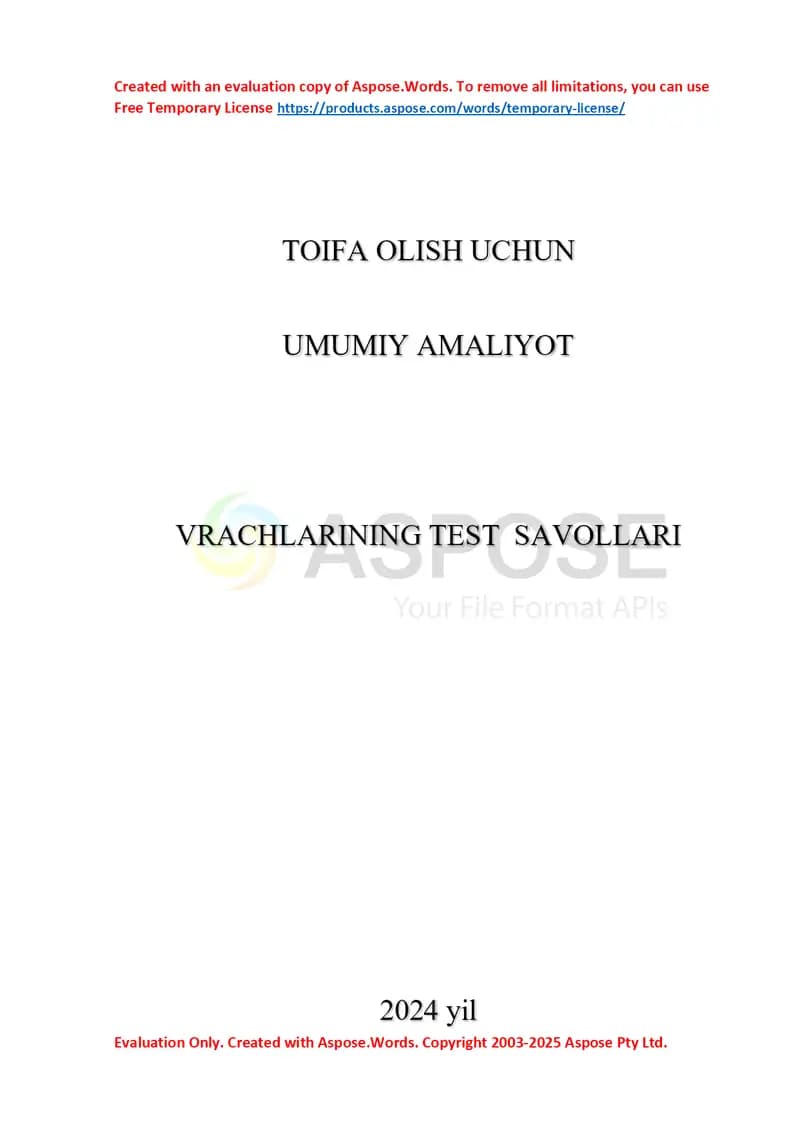 Oilaviy shifokorlik mutaxassisligi bo‘yicha umumiy amaliyot test savollari (2024)