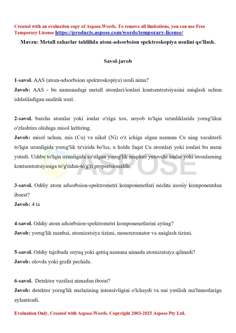 11. Metall zaharlar tahlilida atom-adsorbsion spektroskopiya usulini qo'llash. Savol-javob, 10 ta.