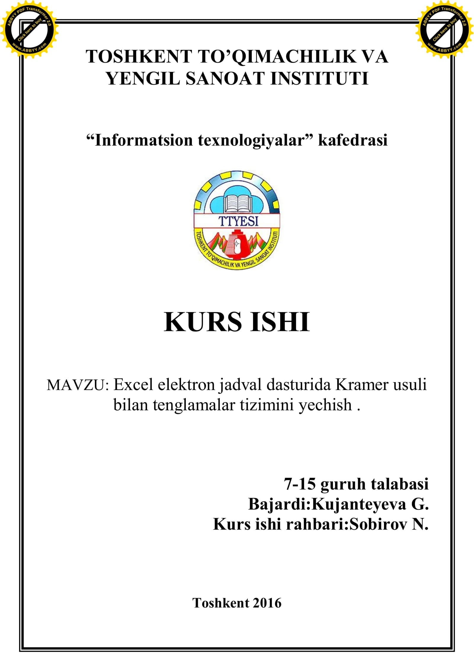 Excel elektron jadval dasturida Kramer usuli bilan tenglamalar tizimini yechish