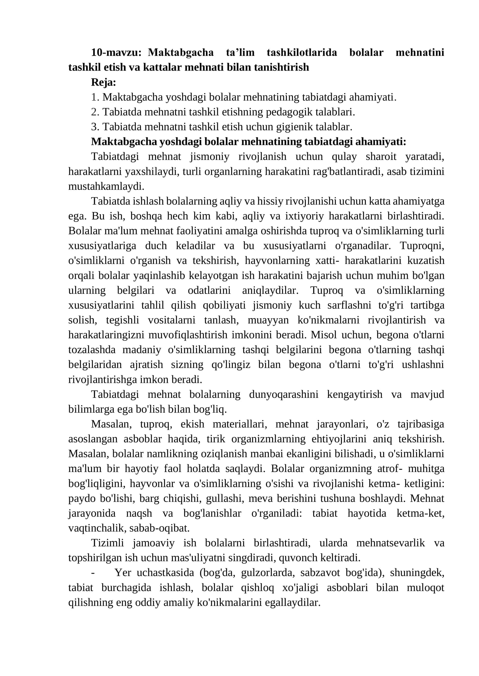 Maktabgacha ta’lim tashkilotlarida bolalar mehnatini tashkil etish va kattalar mehnati bilan tanishtirish