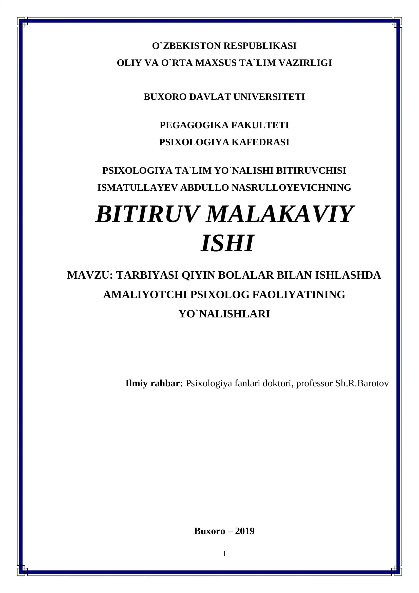 TARBIYASI QIYIN BOLALAR BILAN ISHLASHDA AMALIYOTCHI PSIXOLOG FAOLIYATINING YO`NALISHLARI