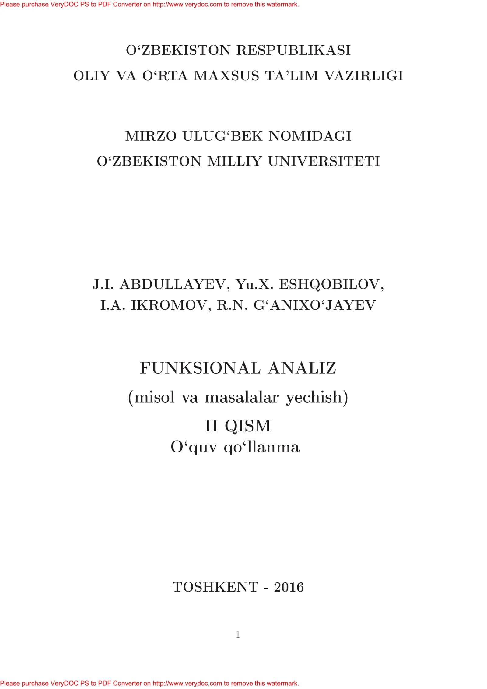 FUNKSIONAL ANALIZ (misol va masalalar yechish) II QISM