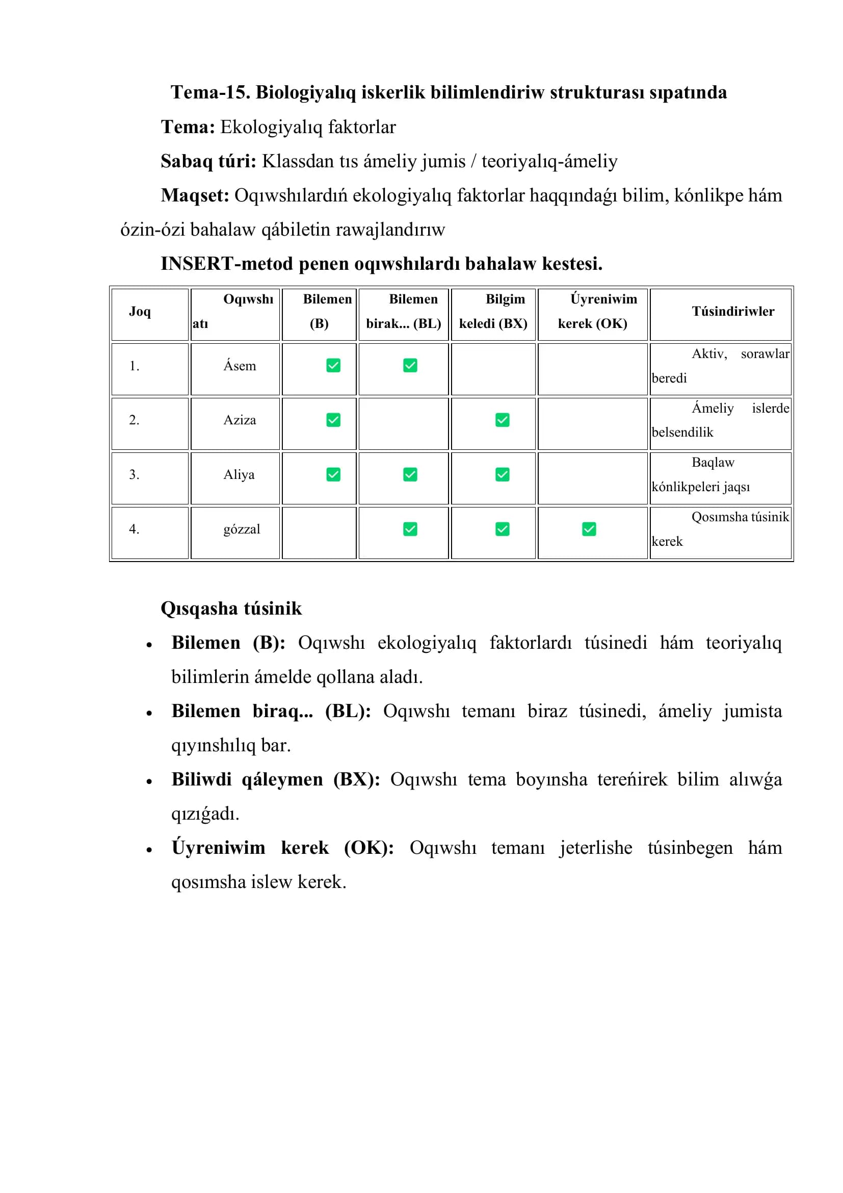 Tema-15. Biologiyalıq iskerlik bilimlendiriw strukturası sıpatında