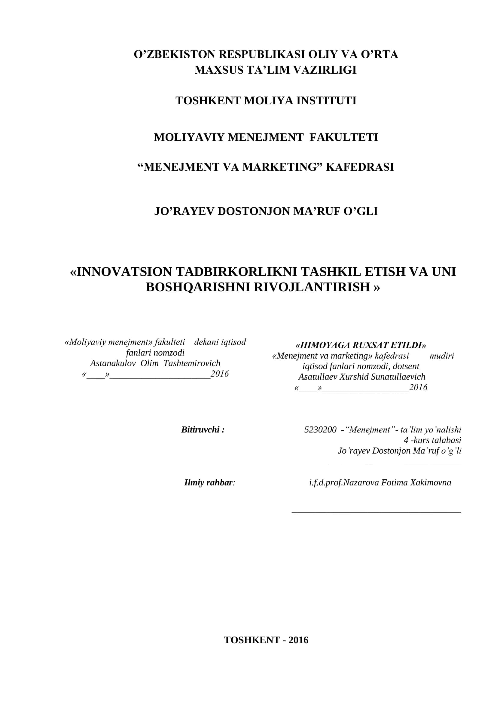 INNOVATSION TADBIRKORLIKNI TASHKIL ETISH VA UNI