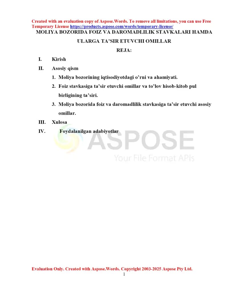 Moliya bozorida foiz va daromadlilik stavkalari hamda ularga ta’sir etuvchi omillar