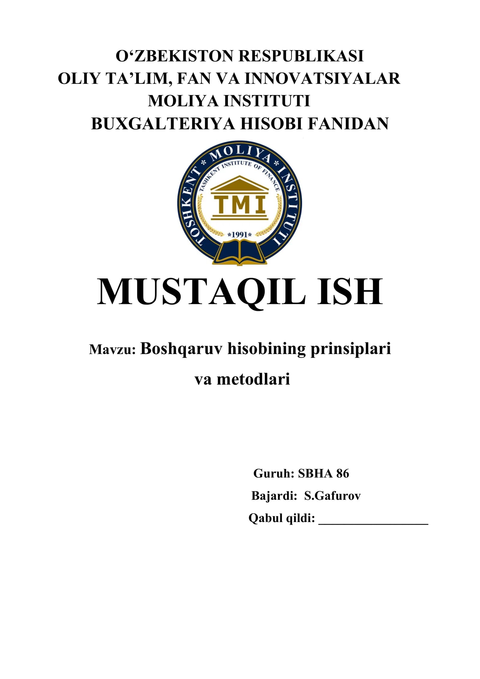 Boshqaruv hisobining prinsiplari va metodlari