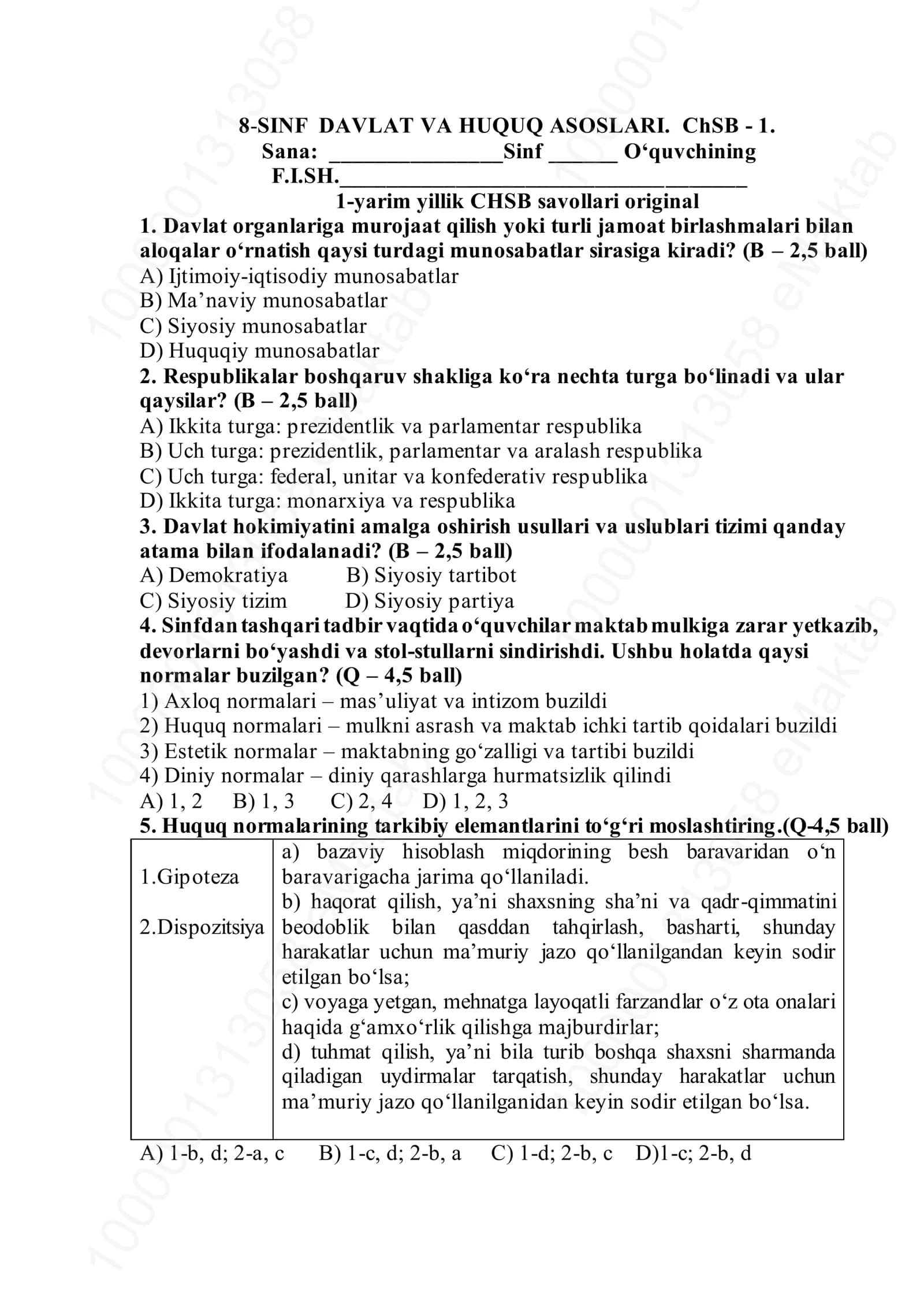 8-SINF DAVLAT VA HUQUQ ASOSLARI. ChSB - 1
