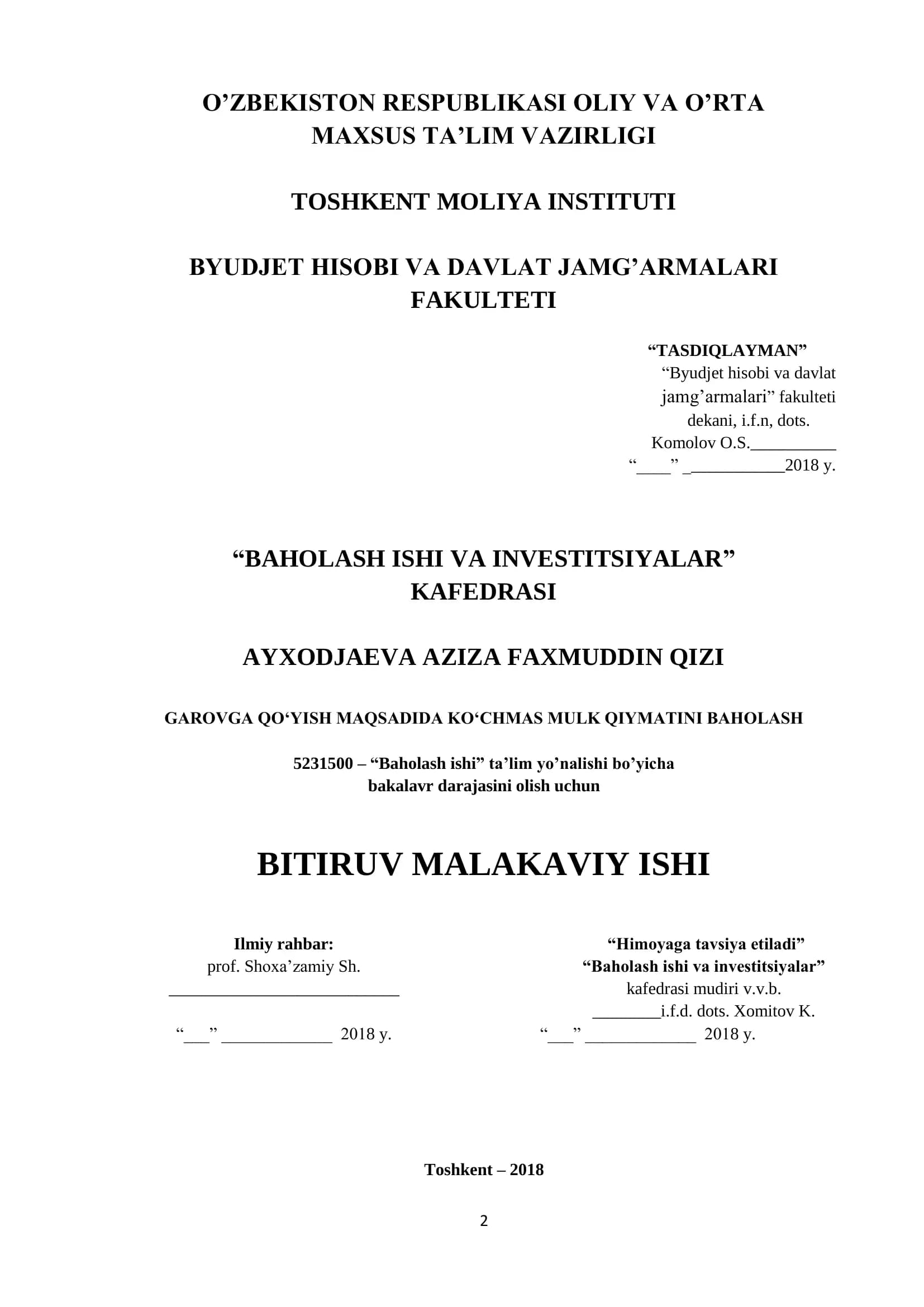 Baholash ishi va investitsiyalar
