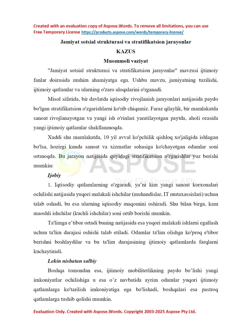 Jamiyat sotsial strukturasi va stratifikatsion jarayonlar