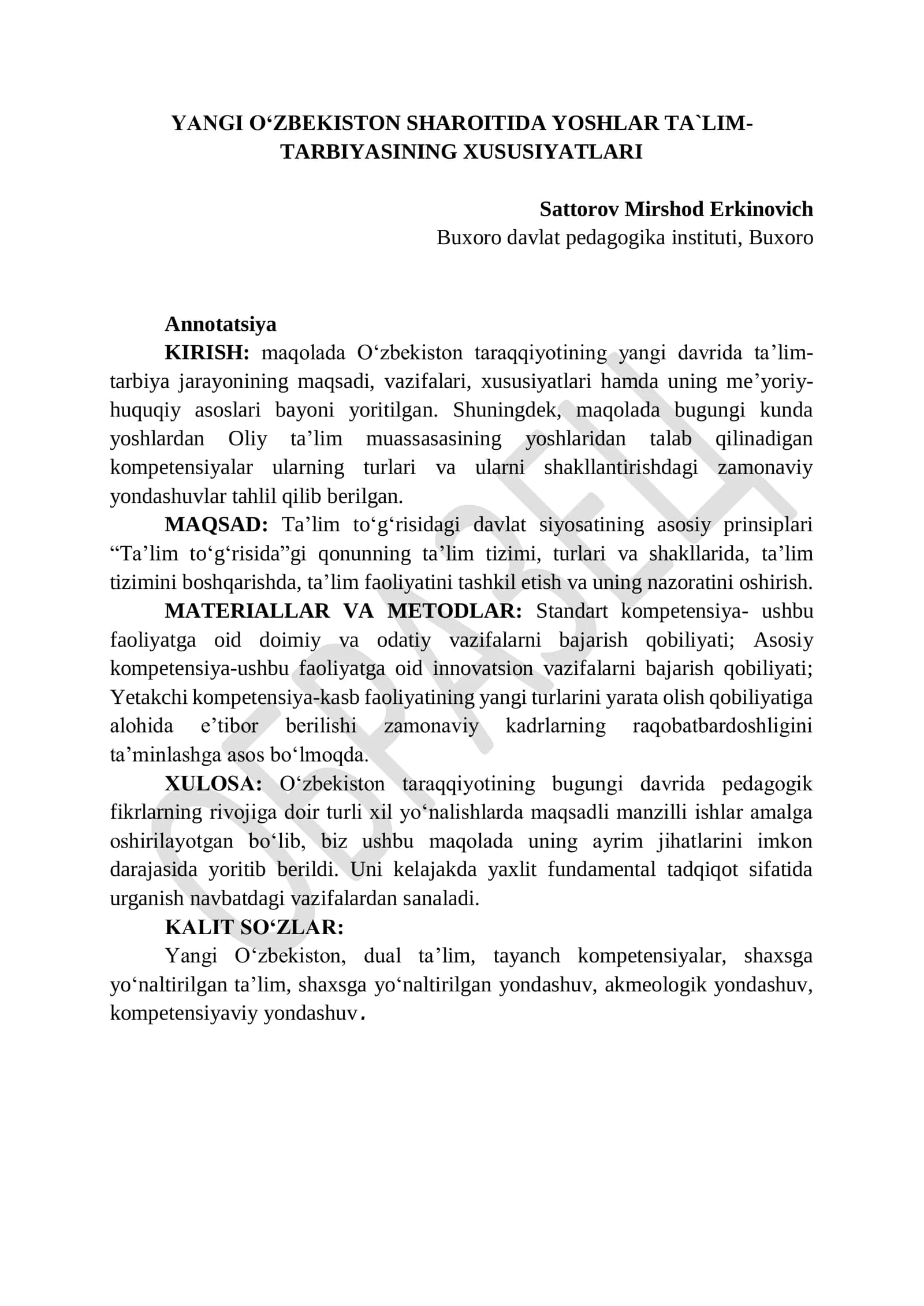 YANGI O‘ZBEKISTON SHAROITIDA YOSHLAR TA`LIM-TARBIYASINING XUSUSIYATLARI