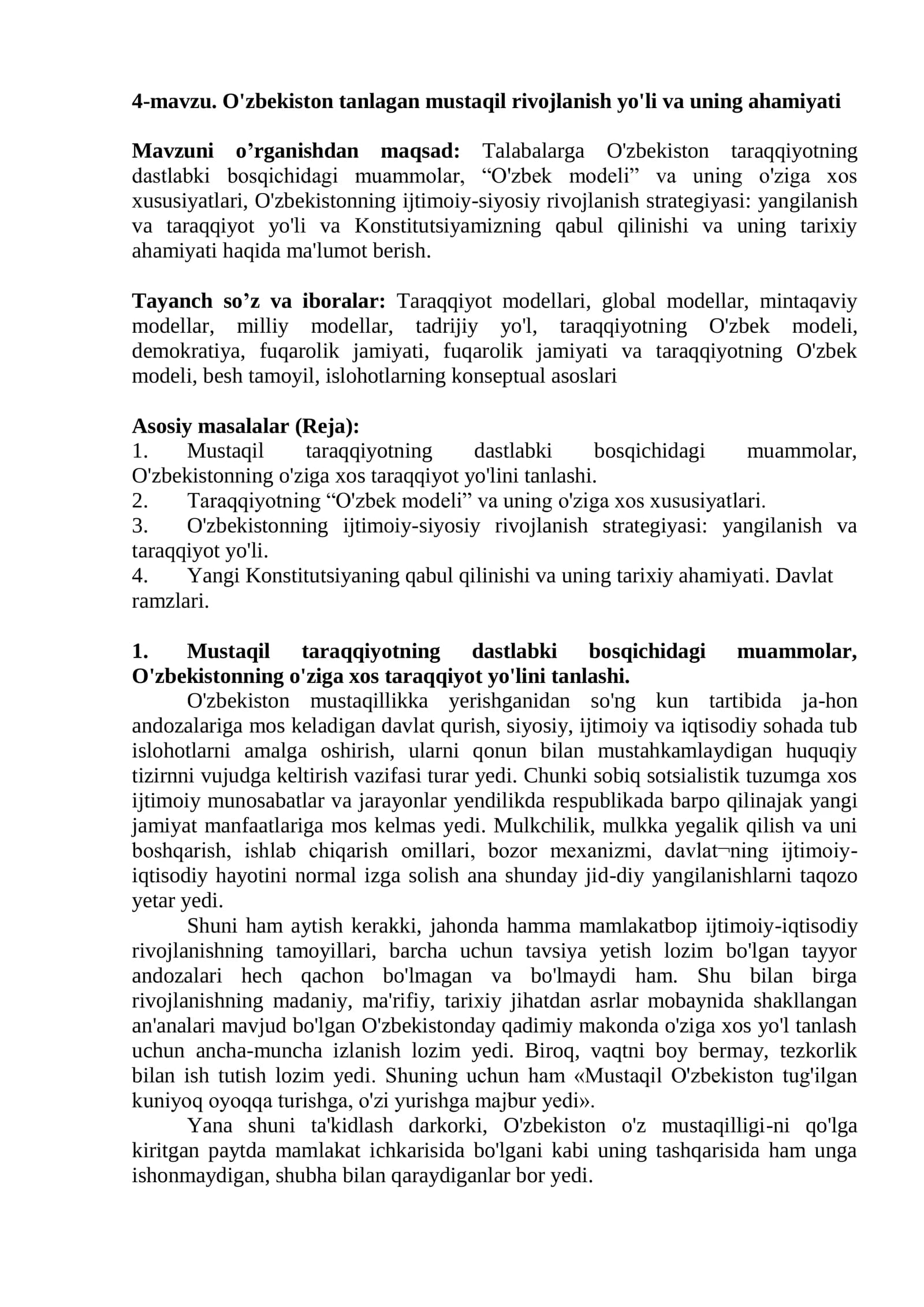 O'zbekiston tanlagan mustaqil rivojlanish yo'li va uning ahamiyati