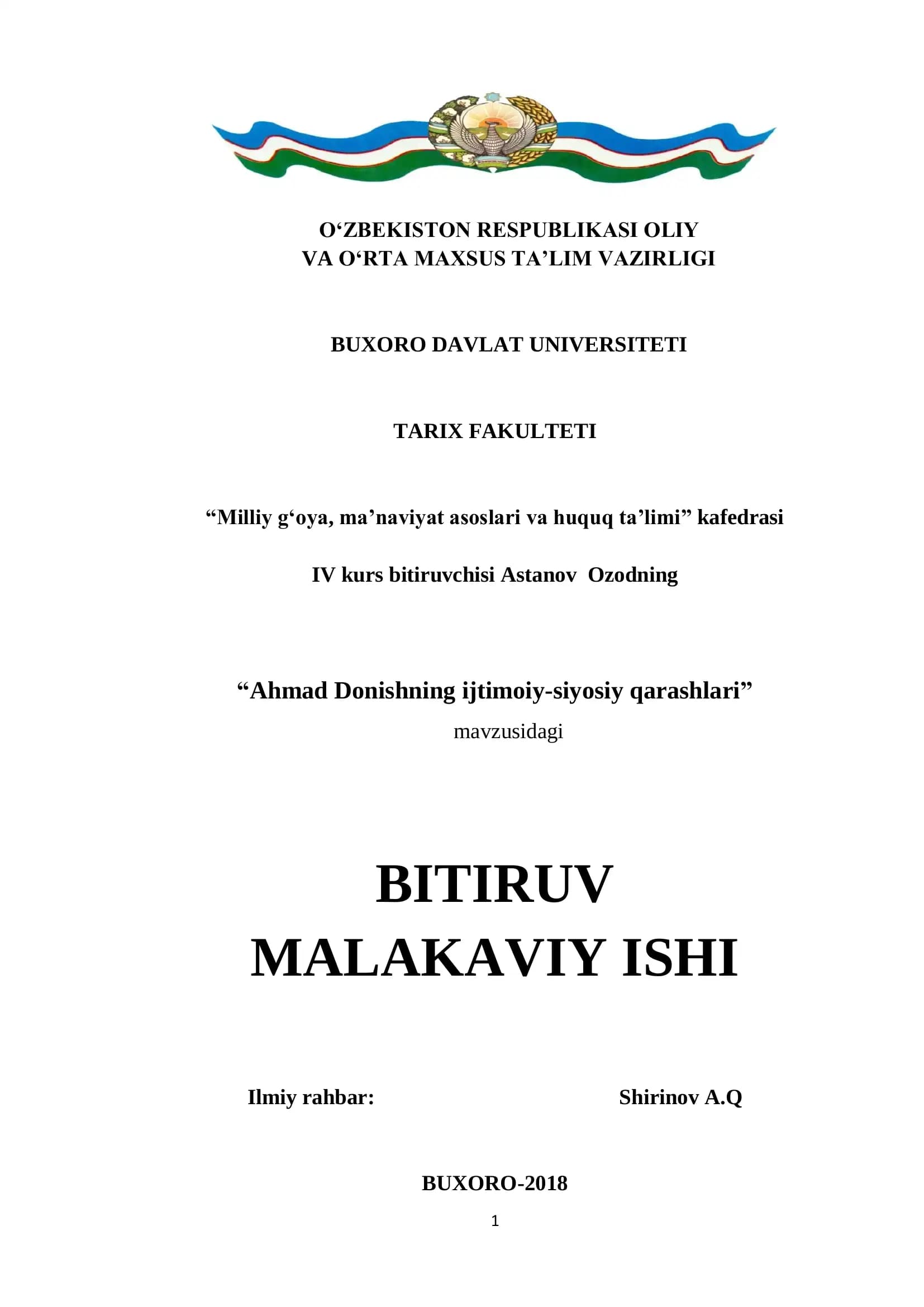 Ahmad Donishning ijtimoiy-siyosiy qarashlari