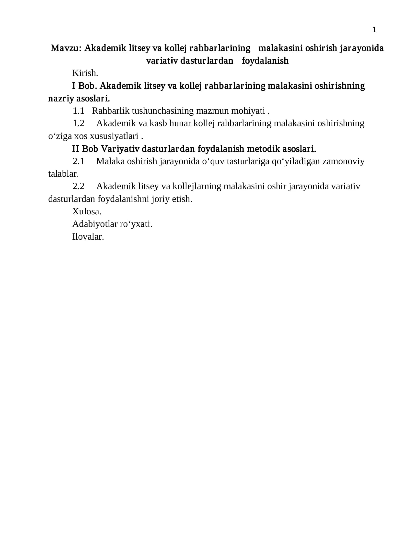 Akademik litsey va kollej rahbarlarining malakasini oshirish jarayonida variativ dasturlardan foydalanish