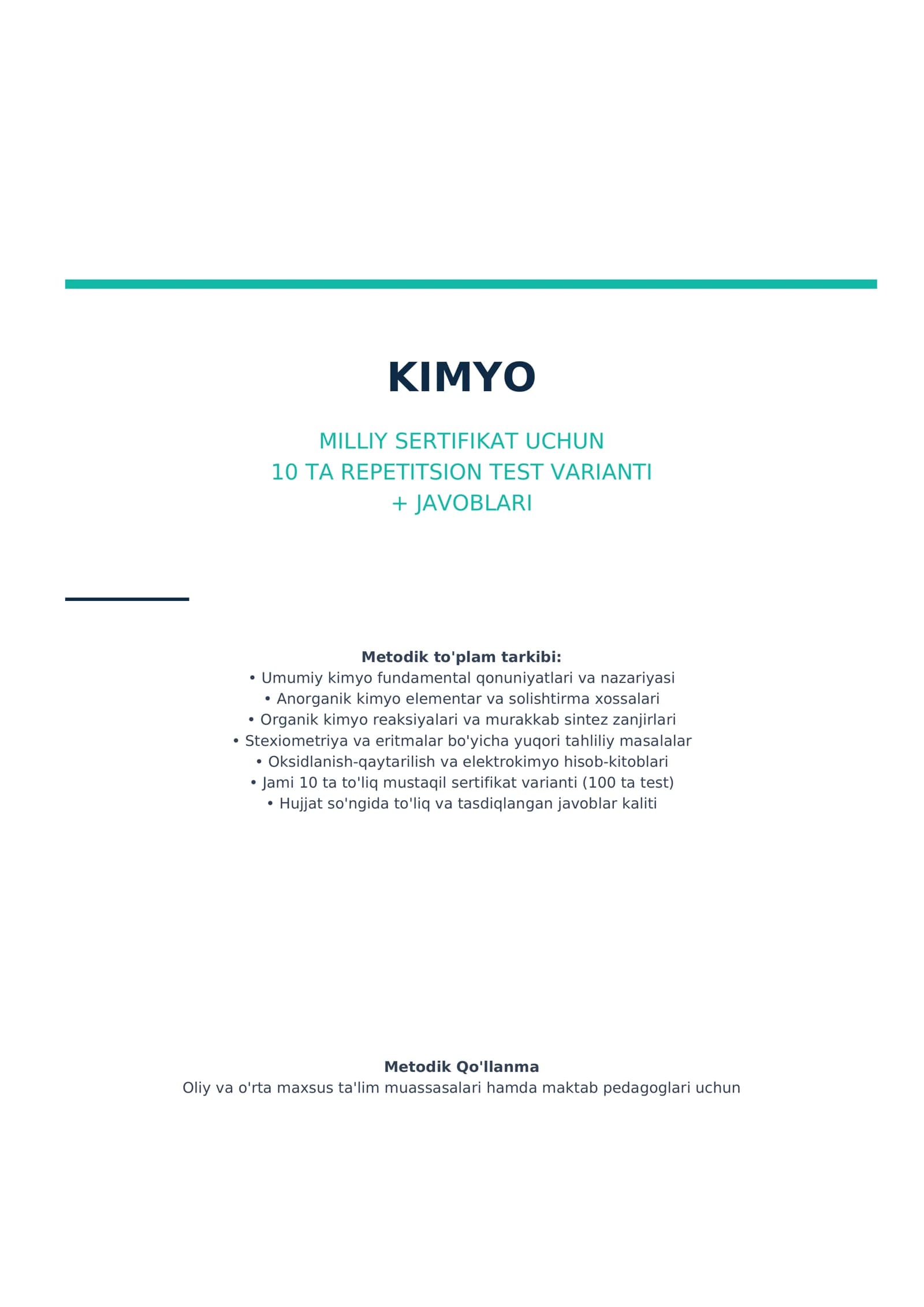 Kimyo — Milliy sertifikat uchun 10 ta repetitsion test varianti + javoblari