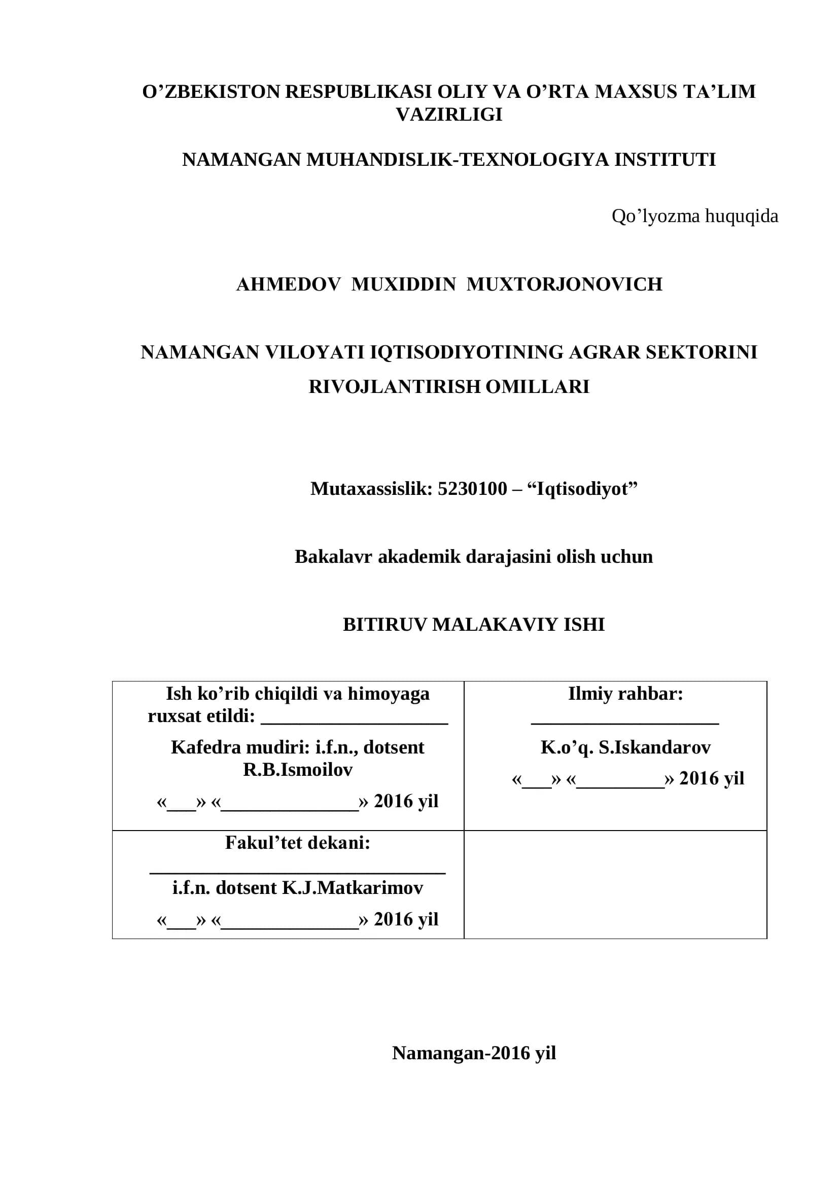 Agrar tarmoqni barqaror rivojlantirishning zaruriyati va o’ziga xos xususiyatlari