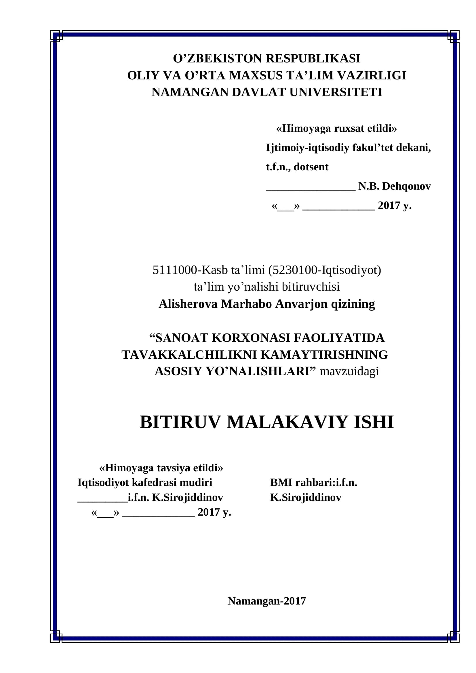 SANOAT KORXONASI FAOLIYATIDA TAVAKKALCHILIKNI KAMAYTIRISHNING ASOSIY YO’NALISHLARI