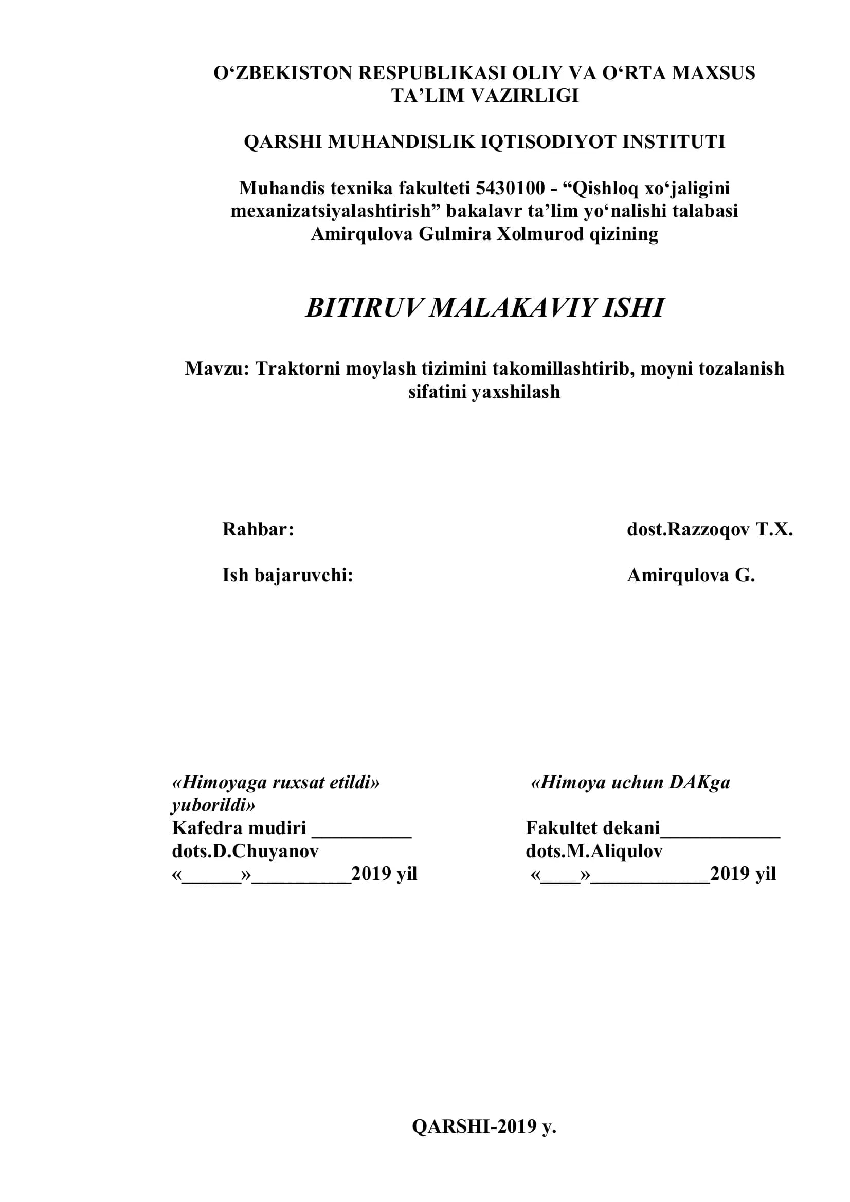 Traktorni moylash tizimini takomillashtirib, moyni tozalanish sifatini yaxshilash