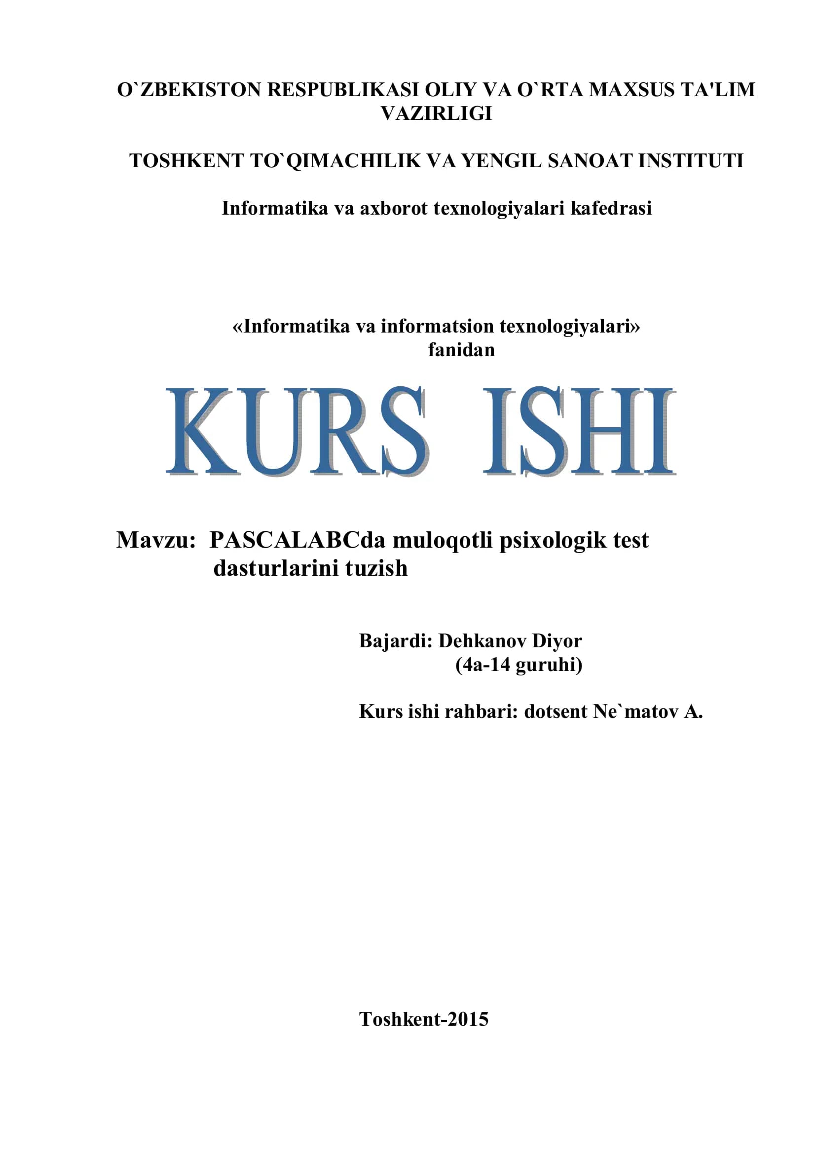 PASCALABCda muloqotli psixologik test dasturlarini tuzish