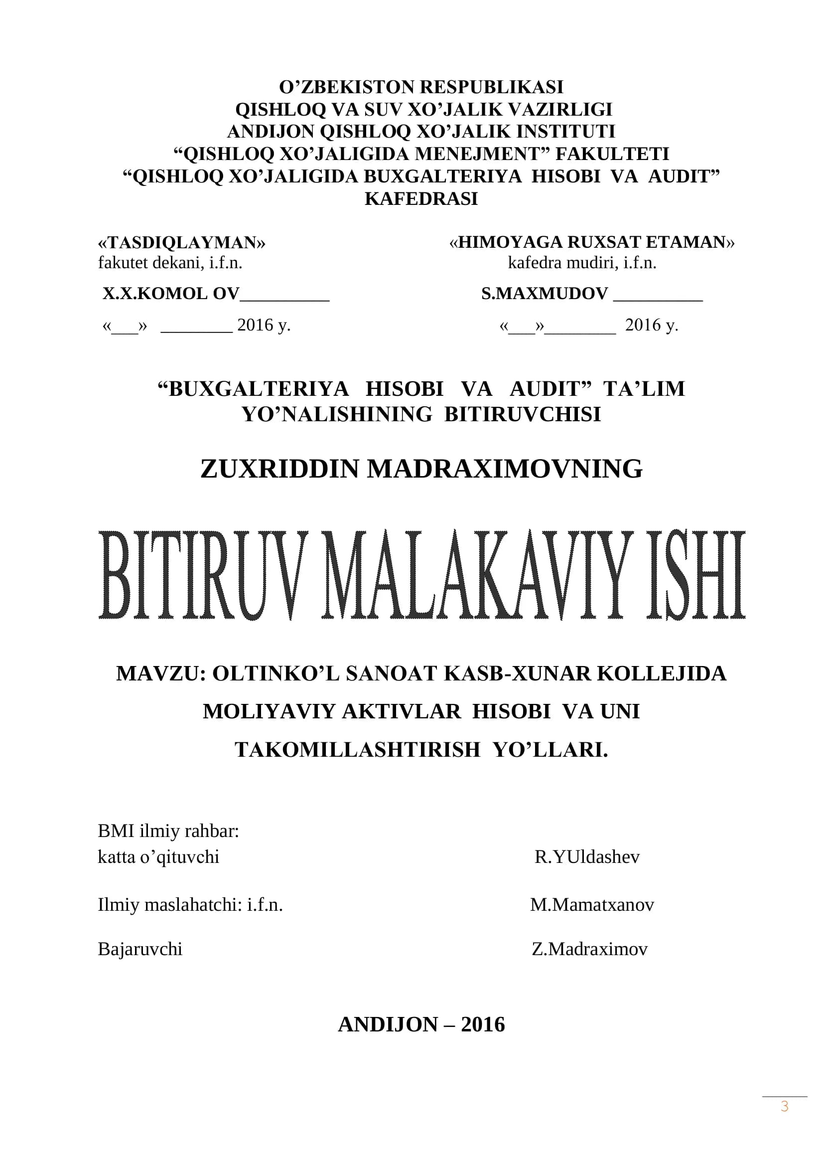 OLTINKO’L SANOAT KASB-XUNAR KOLLEJIDA MOLIYAVIY AKTIVLAR HISOBI VA UNI TAKOMILLASHTIRISH YO’LLARI