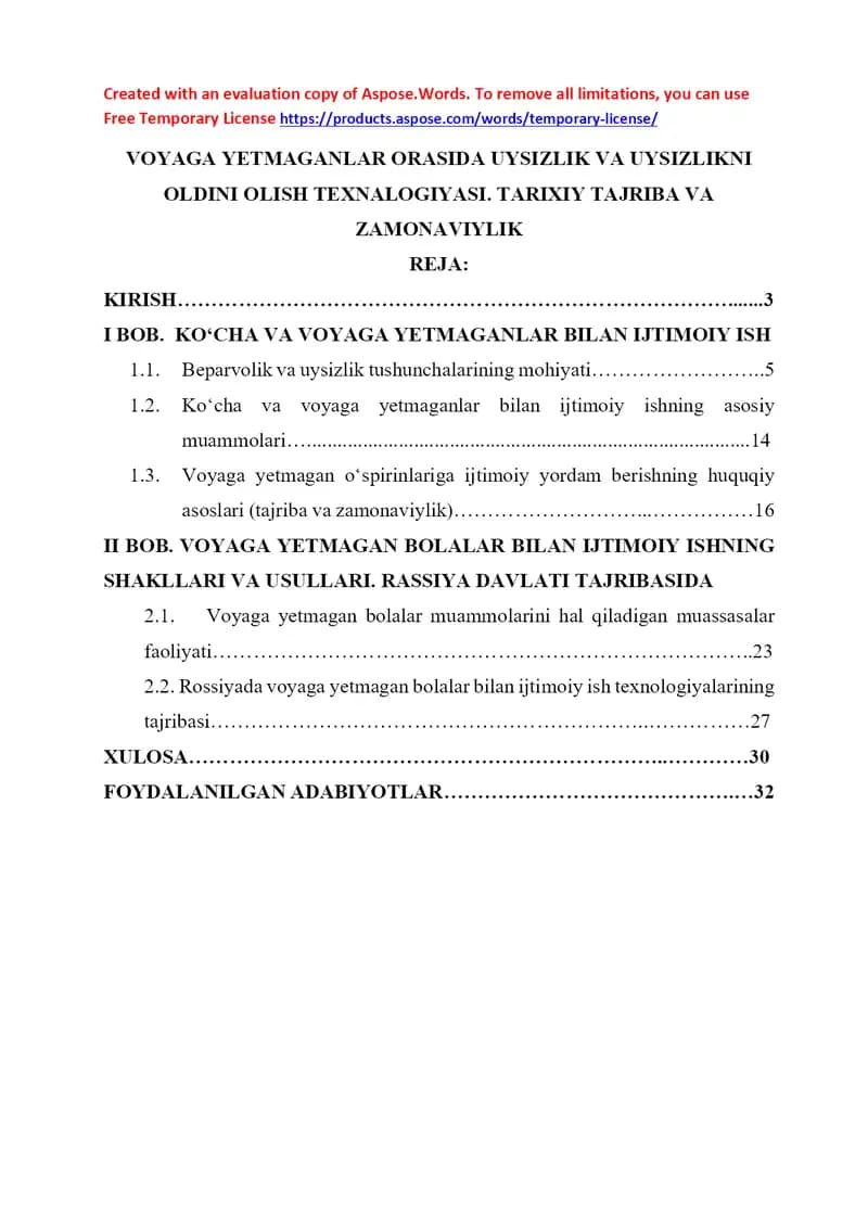 Voyaga yetmaganlar orasida uysizlik va beparvolikni oldini olish texnologiyasi: Tarixiy tajriba va zamonaviylik