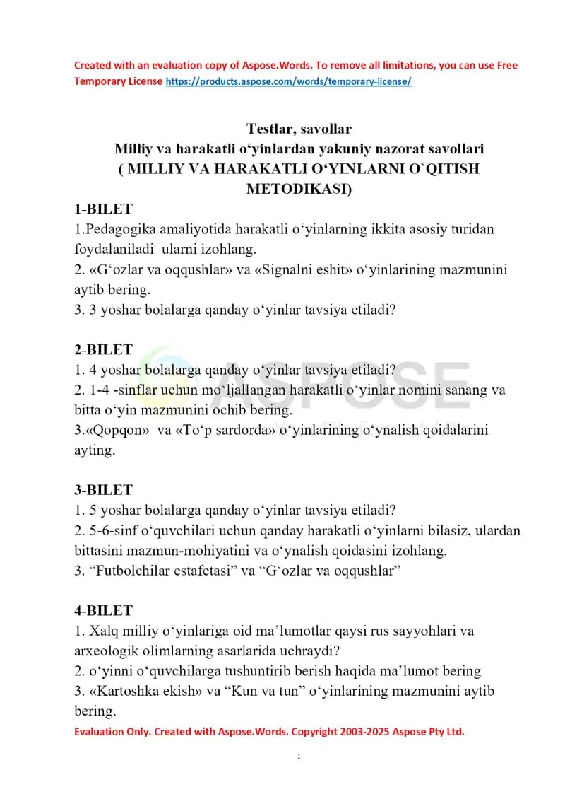Milliy va harakatli o‘yinlarni o‘qitish metodikasi: yakuniy nazorat savollari