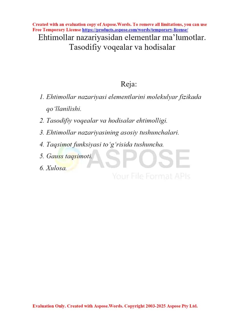 Ehtimollar nazariyasidan elementlar ma’lumotlar. Tasodifiy voqealar va hodisalar