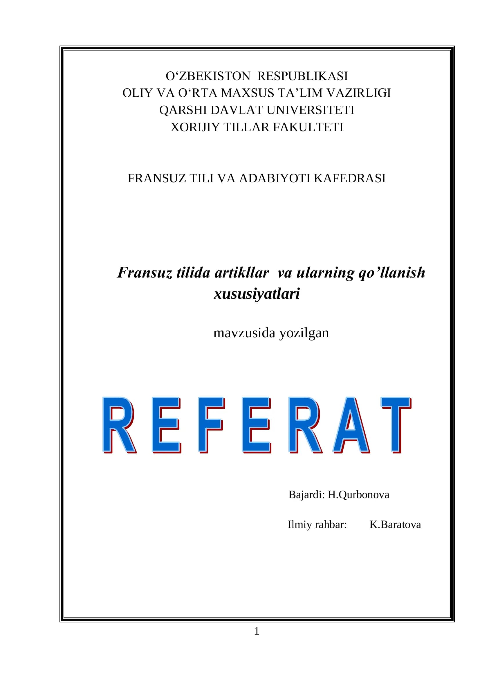Fransuz tilida artikllar va ularning qo’llanish xususiyatlari
