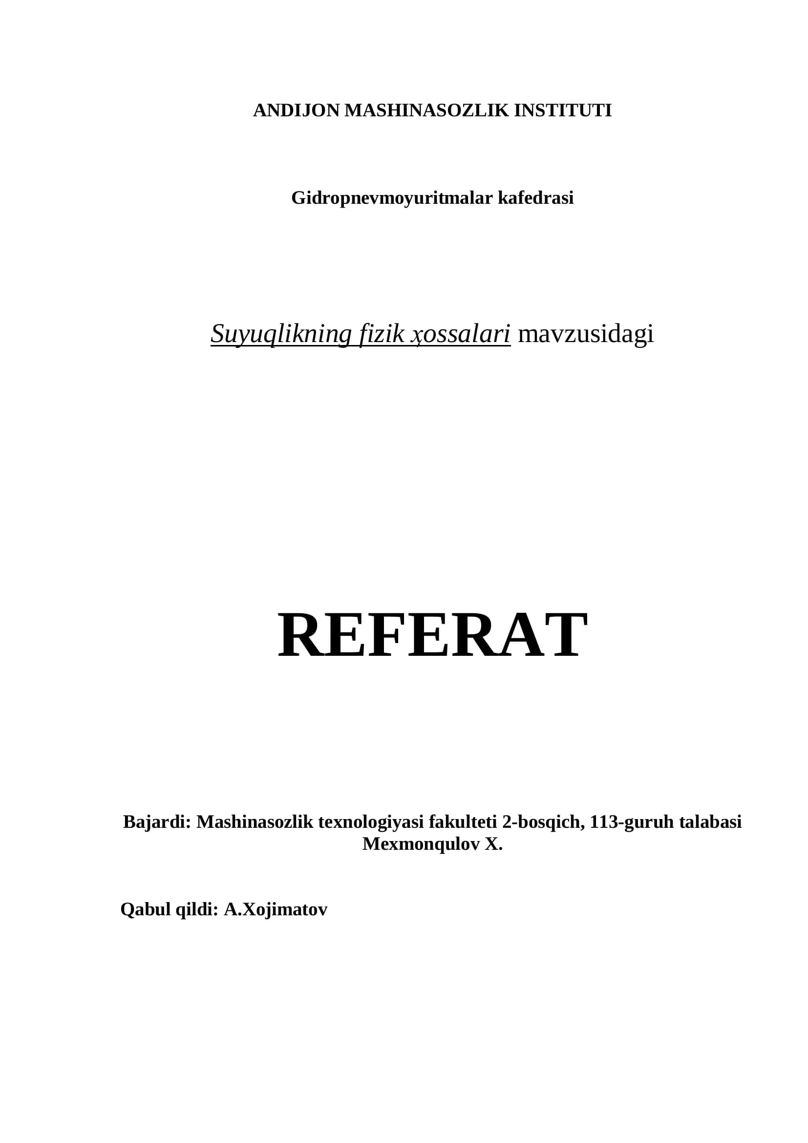 Gidropnevmoyuritmalar kafedrasi Referat