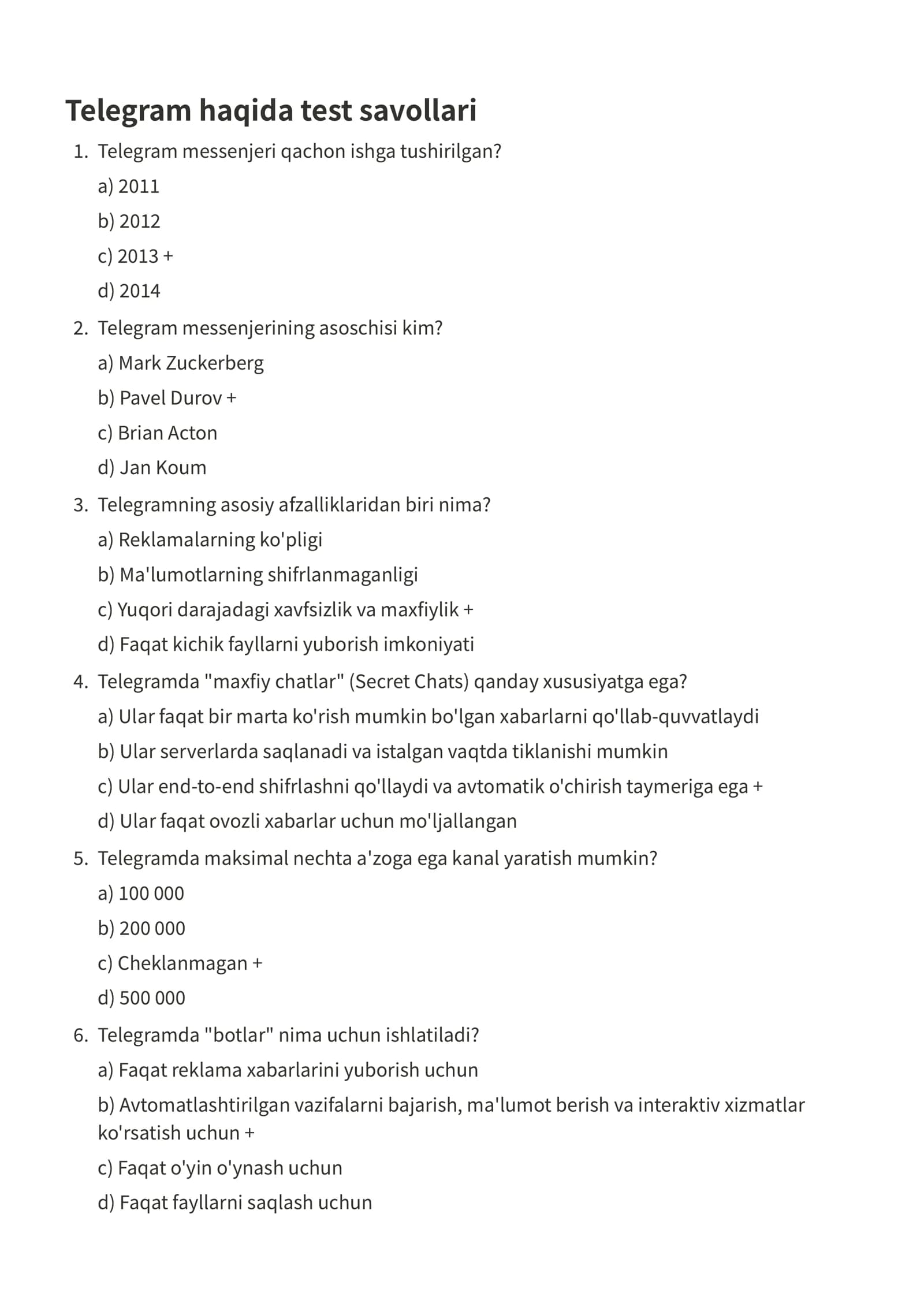 Telegram haqida test savollari