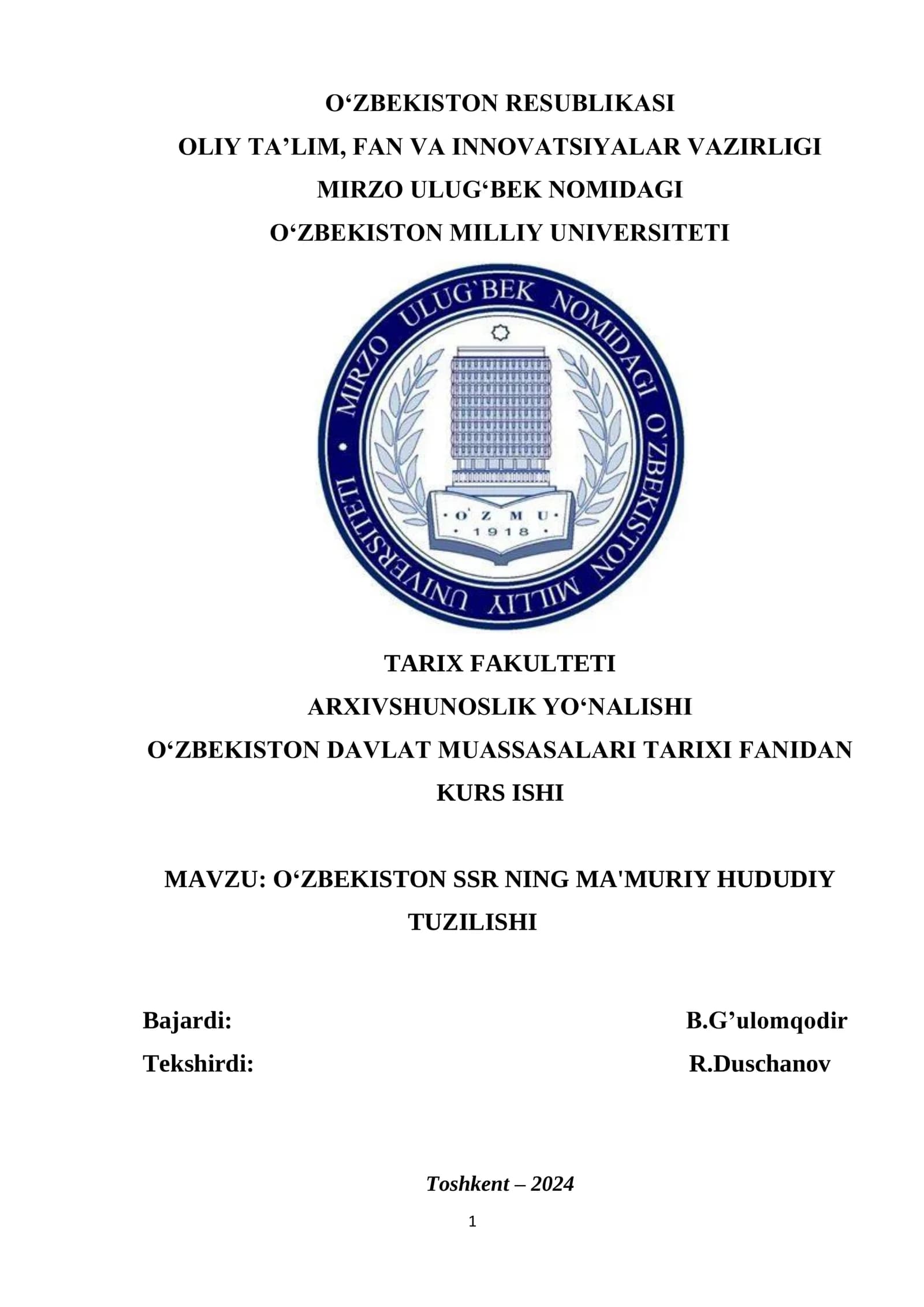 O‘ZBEKISTON SSR NING MA'MURIY HUDUDIY TUZILISHI