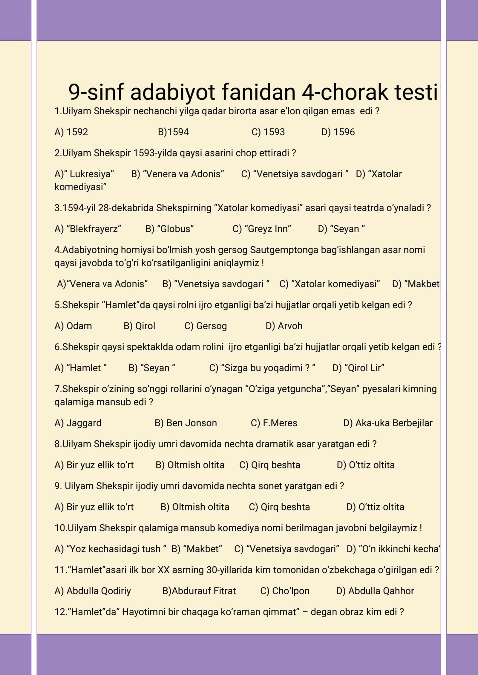 9-sinf adabiyot fanidan 4-chorak testi