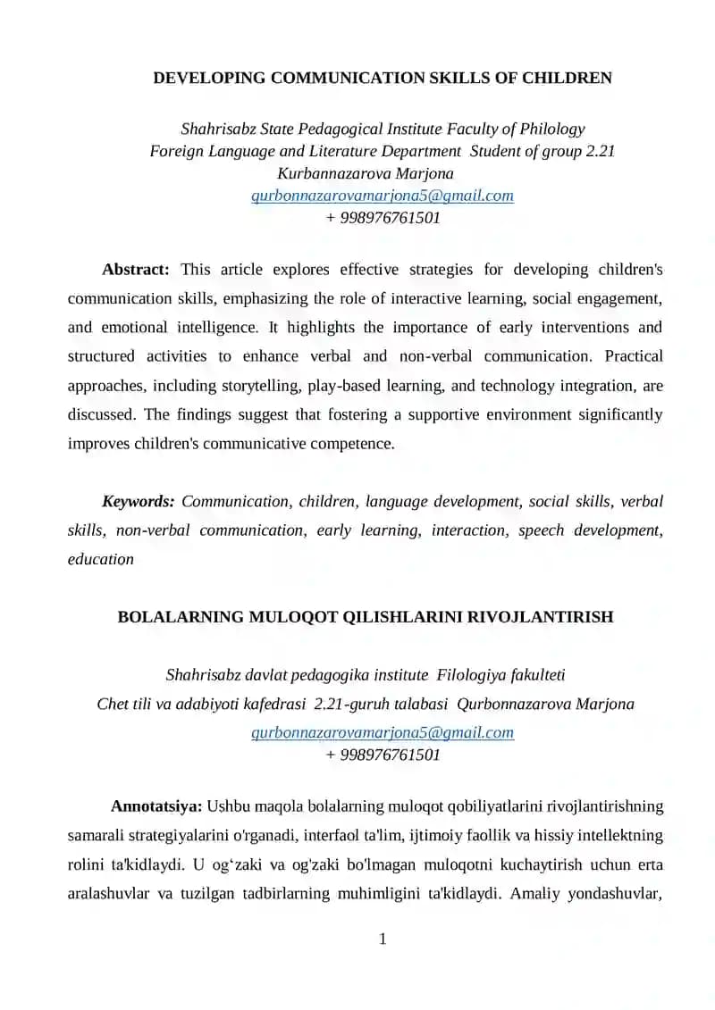 BOLALARNING MULOQOT QILISHLARINI RIVOJLANTIRISH