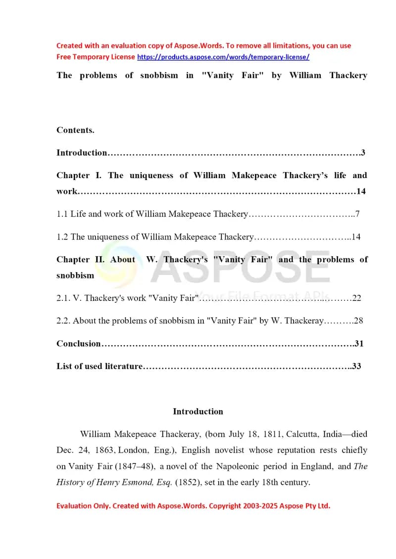The problems of snobbism in "Vanity Fair" by William Thackery