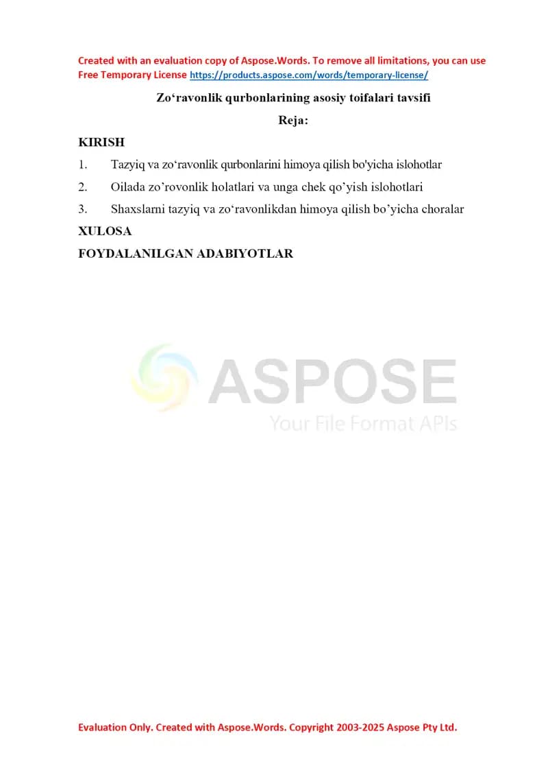 Zoʻravonlik qurbonlarining asosiy toifalari tavsifi