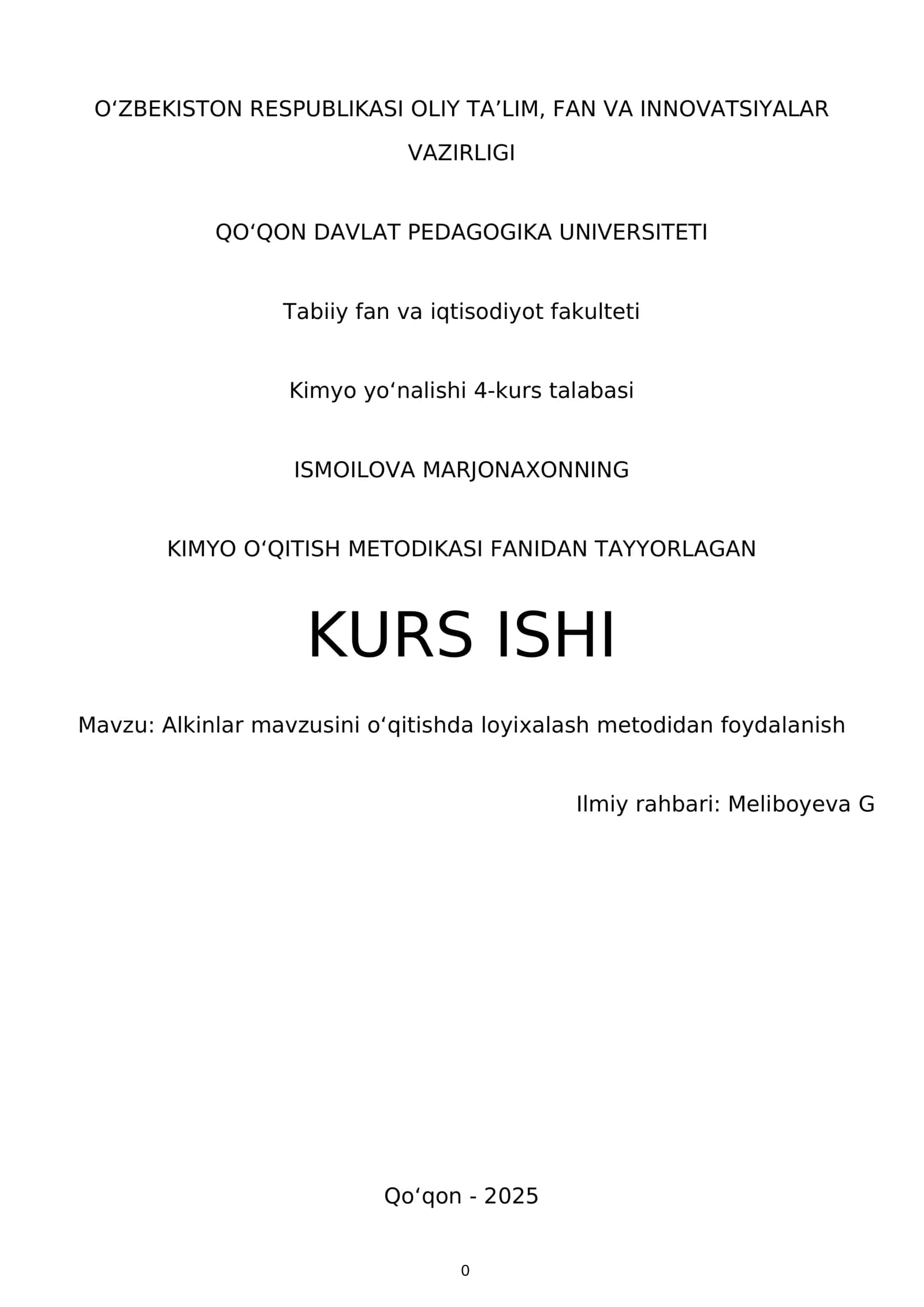 KIMYO OʻQITISH METODIKASI FANIDAN TAYYORLAGAN KURS ISHI