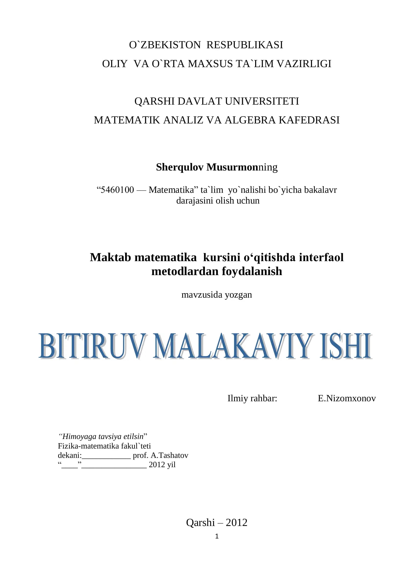 Maktab matematika kursini o‘qitishda interfaol metodlardan foydalanish