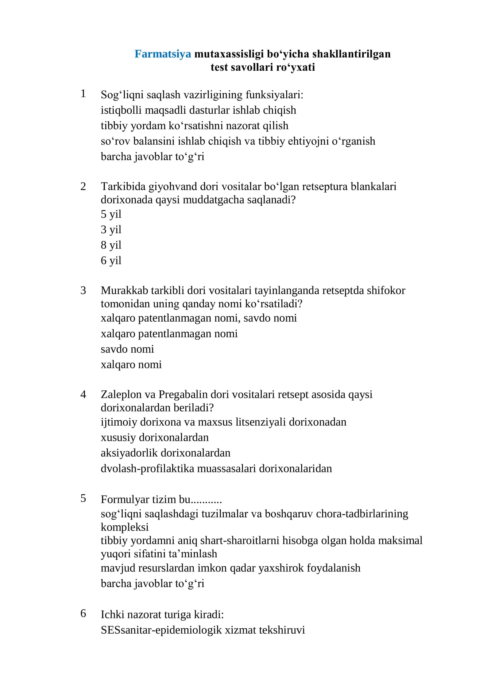 Farmatsiya mutaxassisligi boʻyicha shakllantirilgan test savollari roʻyxati 2026