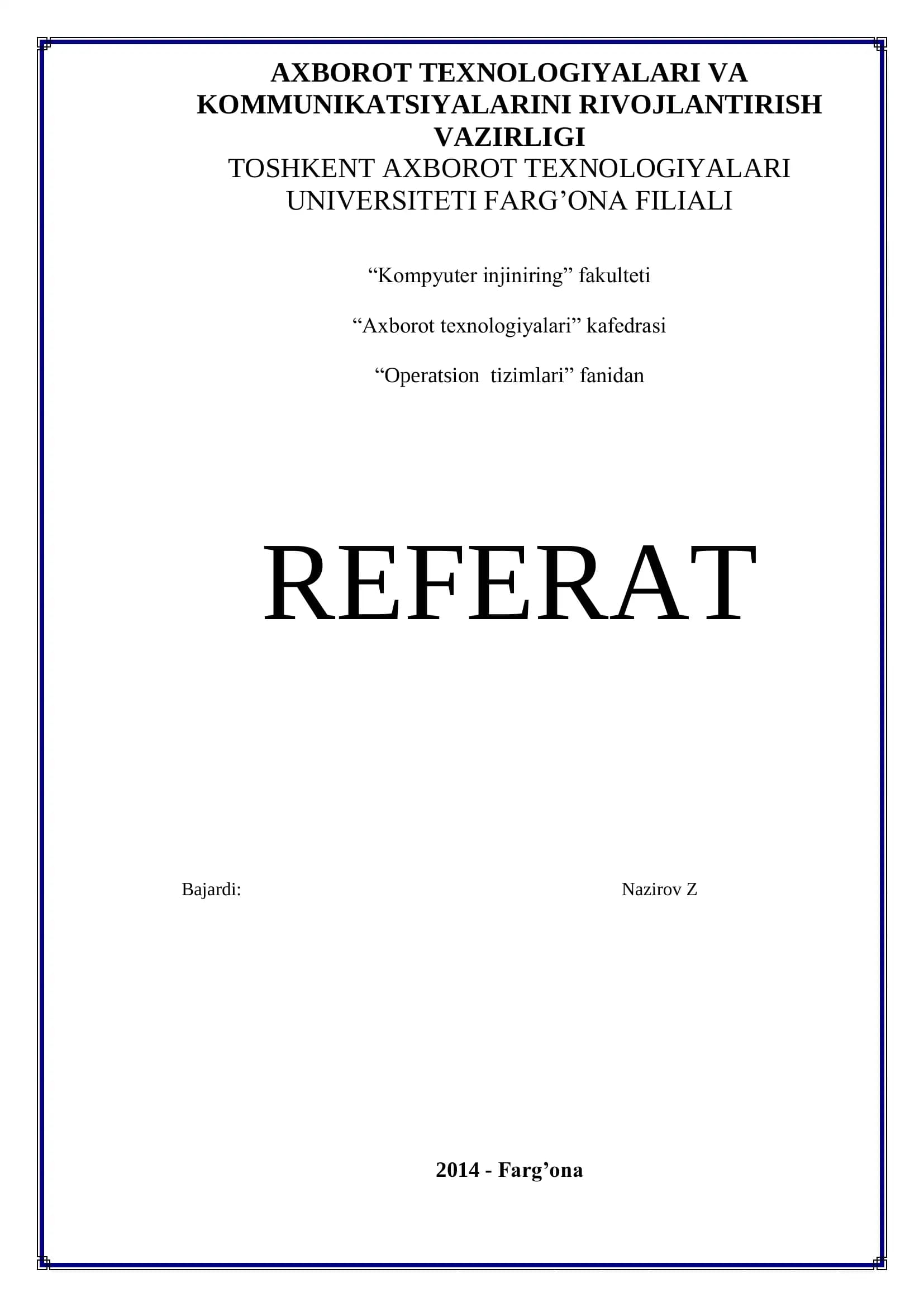 Kompyuter injiniring "Operatsion tizimlari" referat