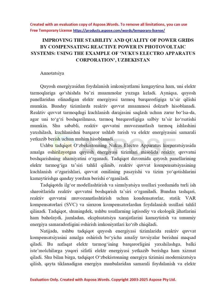 Improving the Stability and Quality of Power Grids by Compensating Reactive Power in Photovoltaic Systems: Using the Example of 'Nukus Electro Apparatus Corporation', Uzbekistan